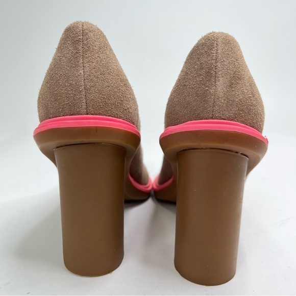 NEW UNITED Nude Tan Suede Barbie Pink Trim Stacked Heel Spring Base Pumps Heels - Picture 3 of 12